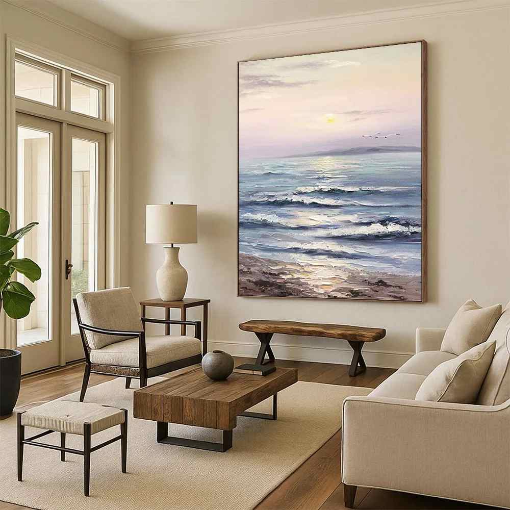Sunset Hand-painted Impressionistic Seaside Pastel Canvas Wall Art 9UC74
